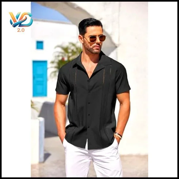 Men's Cuban Guayabera Shirt Short Sleeve Button Down Casual Summer Beach Linen